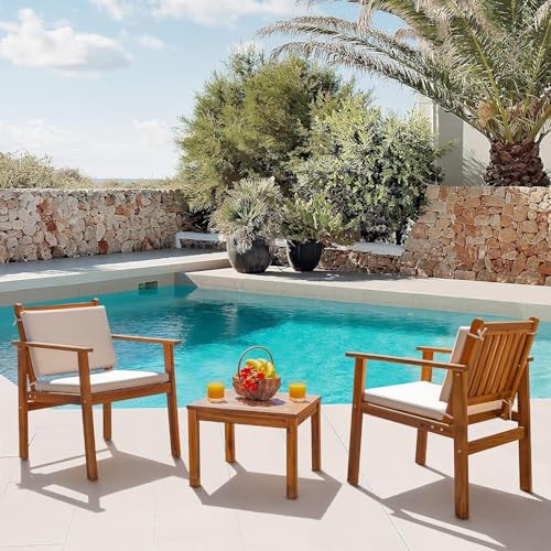 Patio Set 3 Piece Acacia Wood Outdoor Furniture Conversation Seat with Table & Cushions Porch Chairs for Balcony, Deck, Backyard, Beige
