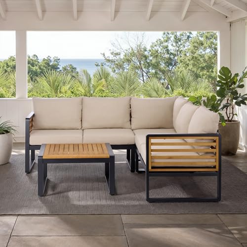 SAFAVIEH Outdoor Patio Furniture Collection - Baker Corner Set, Black & Taupe, Steel Frame with Acacia Wood Accents, Cushioned Modern Sectional Sofa with Table for Patio, Deck, or Backyard (PAT7757A)
