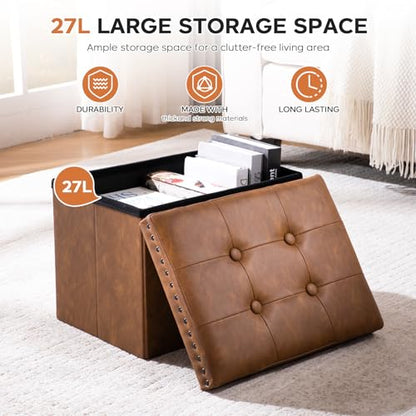 Folding Storage Ottoman 16x12x12 inches, Small Faux Leather Foot Rest Stool with Button Tufted Rivet Design, Footstool Bench, Ottoman with Storage for Living Room Bedroom Coffee Table, Brown