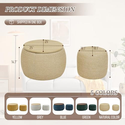 TTK Round Ottoman with Storage Set of 2, 25" Large Upholstered Storage Ottoman Set Coffee Table with Removable Wood Tray, Modern Circle Foot Stool Padded Bench Ottomans for Living Room (Natural)