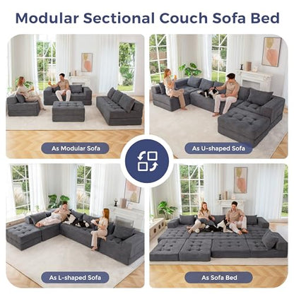 Modular Sectional Sofa Couch, Foldable U Shaped Cloud Couch with Pillows, Tufted 7-Seat Boneless Lounger Floor Sofa Bed for Living Room, No Assembly Required, Dark Grey