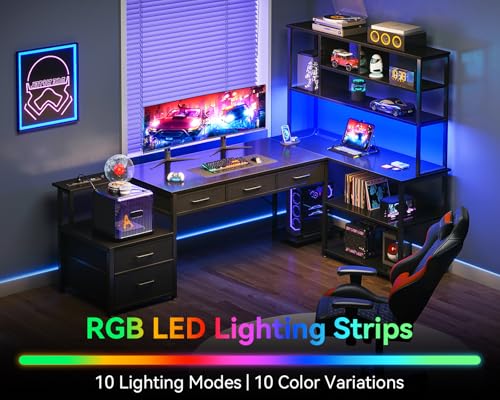 79 inch L Shaped Desk with 5 Drawers, LED Light & 2 Power Outlets, view 4