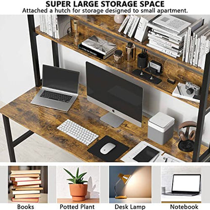 Computer Desk with Hutch, 47“W x 23.6" D Desk with Shelves, Tall Home Office Desk with Bookshelf, Metal Legs Study Table with Upper Storage Shelf for Study Writing/Workstation