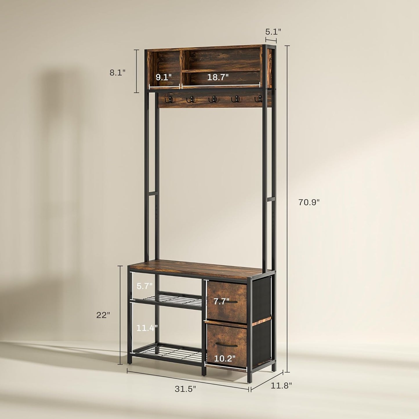 Hall Tree with Bench and Shoe Storage, 5-In-1 Entryway Bench with Coat Rack, 3 Storage Compartments, 5 Coat Hooks, 2 Fabric Drawers, Distressed Dark Brown