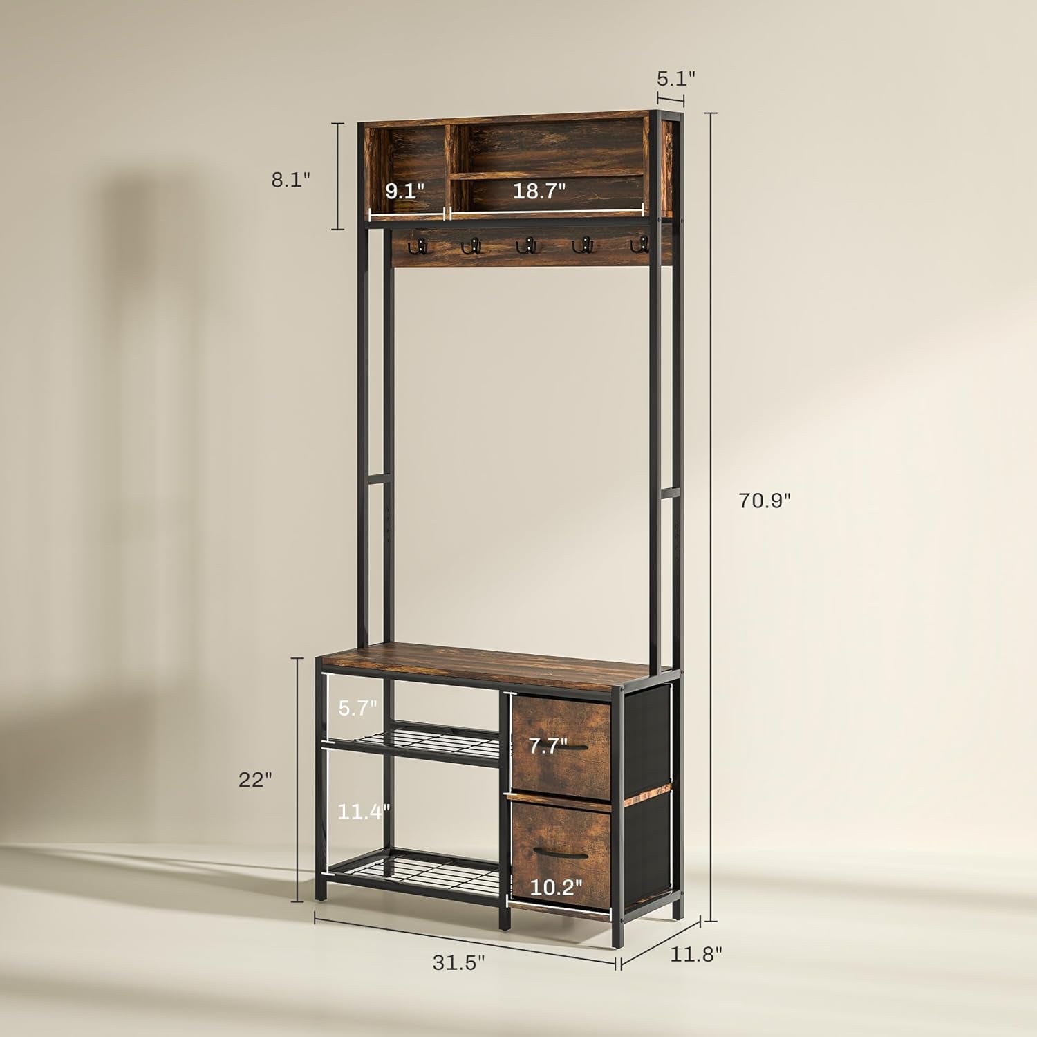 Hall Tree with Bench and Shoe Storage, 5-In-1 Entryway Bench with Coat Rack, 3 Storage Compartments, 5 Coat Hooks, 2 Fabric Drawers, Distressed Dark Brown