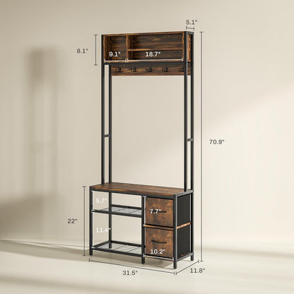 Hall Tree with Bench and Shoe Storage, 5-In-1 Entryway Bench with Coat Rack, 3 Storage Compartments, 5 Coat Hooks, 2 Fabric Drawers, Distressed Dark Brown