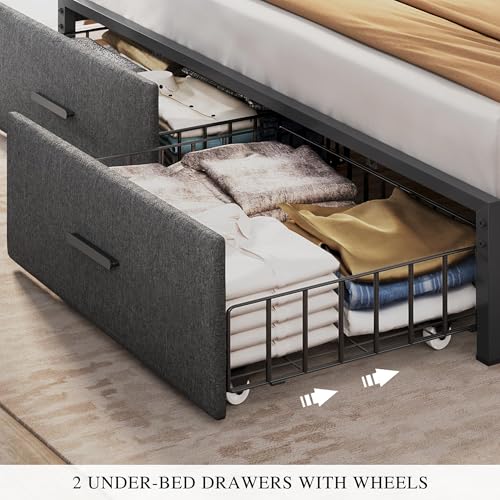 King Size Bed Frame with 2 Storage Drawers and Charging Station, view 7