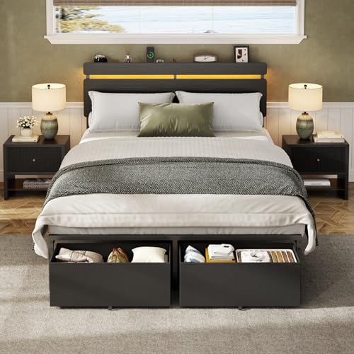 Full Size Bed Frame with Wood Headboard,2 Storage Drawers & Shelf, view 5