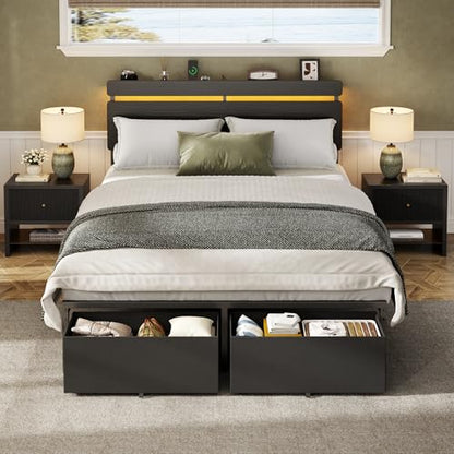 Full Size Bed Frame with Wood Headboard,2 Storage Drawers & Shelf, view 5