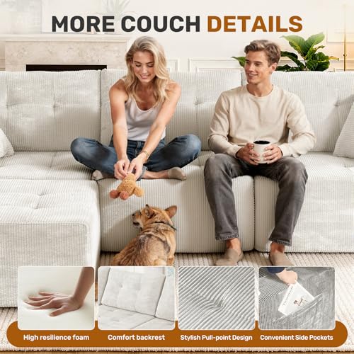 143" Modular Sectional Sofa for Living Room, Convertible U-Shape Couch with Ottoman, 6 Seater Modular Sectional Sofa,Beige Corduroy