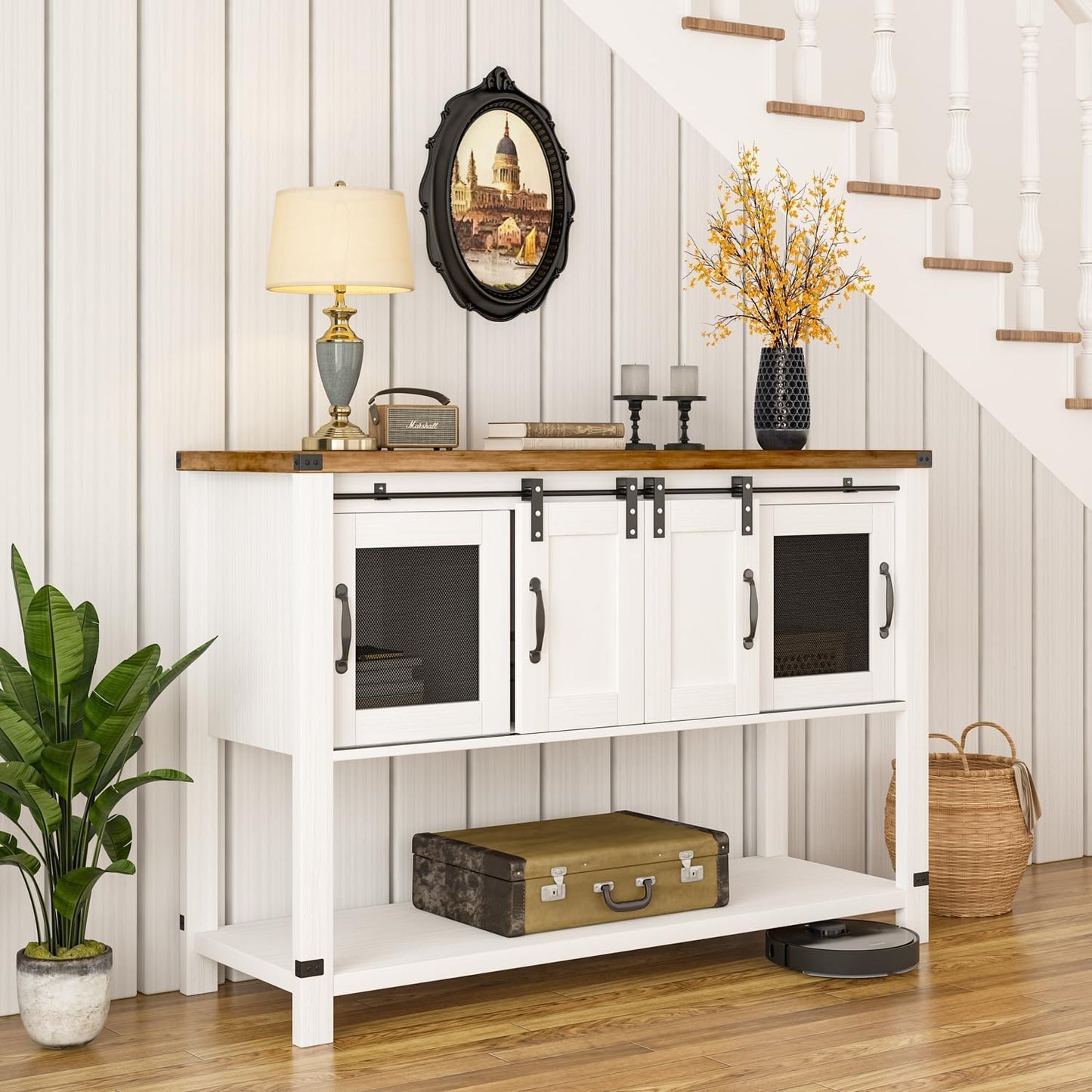 Farmhouse Coffee Bar Cabinet with Storage, 47'' Coffee Bar Table with Sliding Barn Door, White Coffee Buffet Cabinet with Metal Mesh Doors, Console Table with Bottom Open Shelf, Living Room