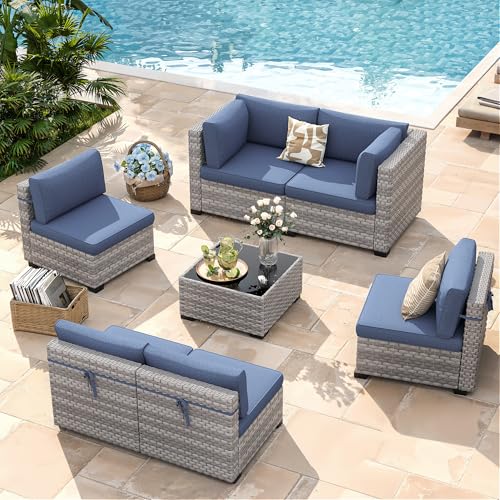 6-Seat Modular Patio Furniture Set – Outdoor Wicker Sectional Sofa with Thick 4″ Cushions, Dual-Strand PE Rattan, Rust-Resistant 18 mm Steel Frame, Backyard Garden Deck Lounge,Navy