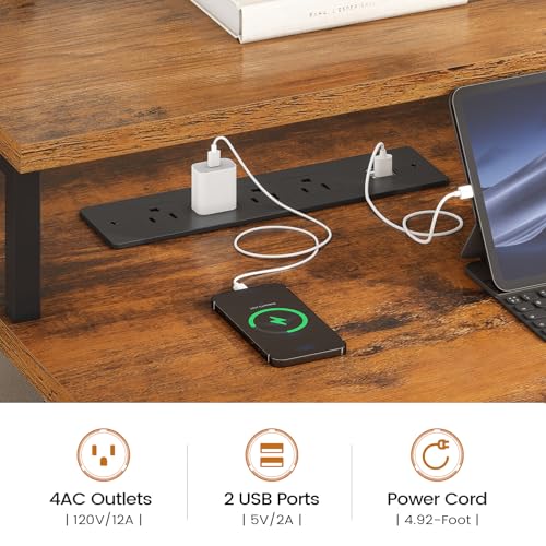Home Office Desk with File Drawer & Power Outlet, 75'' Large Computer Desk with 5 Drawer, Storage Shelves, Monitor Shelf and Led Lights, 23.6" W Desktop Gaming Desk, Rustic Brown