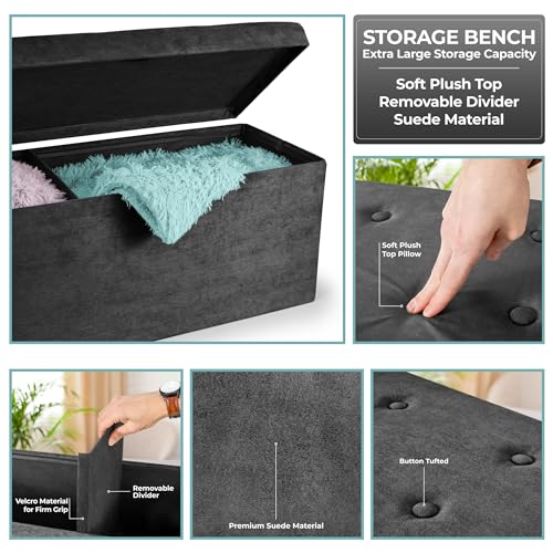Storage Ottoman Bench – for Living Room, Hallway, End of Bed, Bedroom Bench 43 in Large Folding Chest Seat Trunk w/Cover – Blankets, Coffee Table, Foot Rest– Tufted Velvet Linen Fabric (Black)