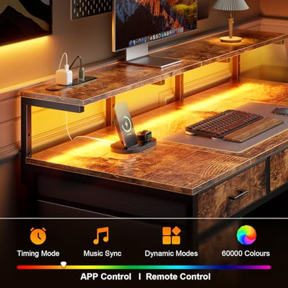 47 inch Computer Desk with 8 Storage Drawers, Gaming Desk with LED Lights & USB Power Outlets, Home Office Table with Monitor Stand, Study Writing Work Table for Bedroom, Rustic Brown