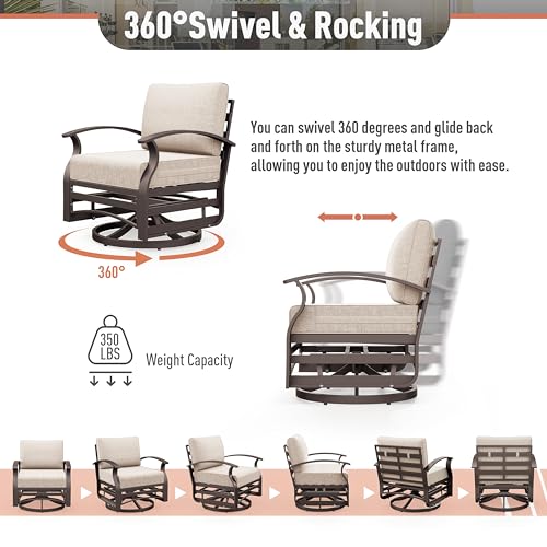 Aluminum Patio Furniture Set 5-Seat Modern Metal Outdoor Conversation Sets w/45in Propane Fire Pit Table, Swivel Rocking Chairs Patio Sectional Sofa w/5.1 Inch Cushion, Sand