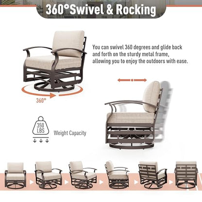 Aluminum Patio Furniture Set 5-Seat Modern Metal Outdoor Conversation Sets w/45in Propane Fire Pit Table, Swivel Rocking Chairs Patio Sectional Sofa w/5.1 Inch Cushion, Sand