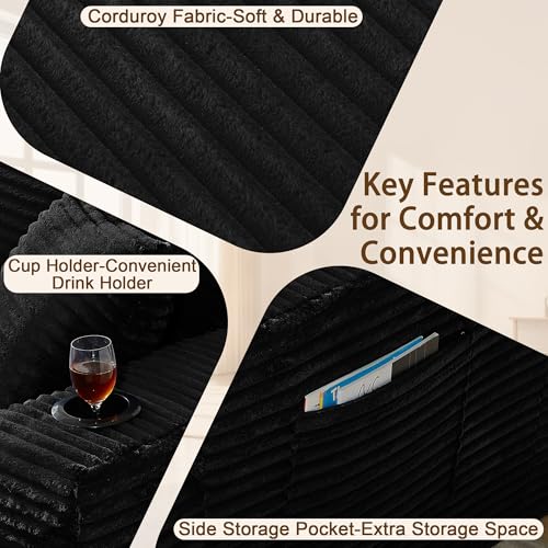 125" Sectional Boneless Couch for Living Room, Modular Cloud Couch Sectional with Storage Pockets & Cup Holders, Modern Corduroy Modular Sofa, Black U-Shaped Compressed Sofa Couch in a Box