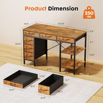 47" Computer Desk with 6 Fabric Drawers & Storage Shelves, view 4