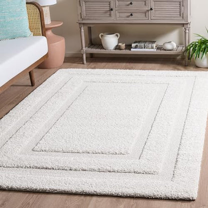 SAFAVIEH Florida Shag Collection Accent Rug - 4' x 6', Creme & Creme, Border Design, Non-Shedding & Easy Care, 1.2-inch Thick Ideal for High Traffic Areas in Foyer, Living Room, Bedroom (SG454-1111)