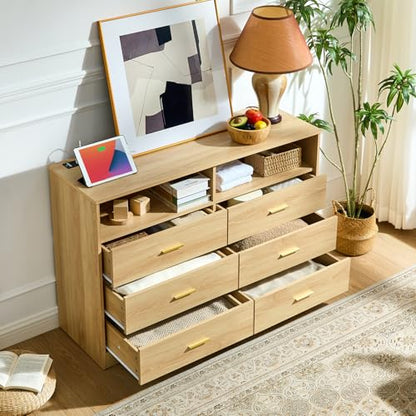 Natural Oak Dresser for Bedroom, Wood Dresser with 6 Drawers, Modern Minimalist Dressers & Chest of Drawers with Charging Station & LED Lights, 48 Inches TV Stand for Bedroom, Living Room