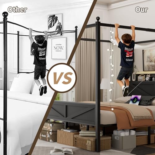 Canopy Bed Frame Queen Size with Barn Storage Headboard, Black‌, view 5