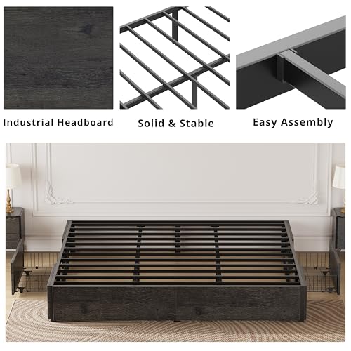King Bed Frame with 4 Storage Drawers, Charcoal Grey, view 7