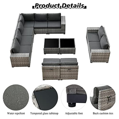 Outdoor Patio Sectional Furniture Sofa Set with Widened Armrest,12 Piece Large Modern Wicker Couch,Modular L Shaped Conversation Seating Set with Table for Out Door Garden Corner(Black)