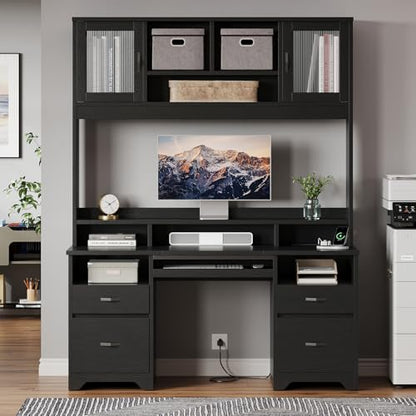 77.8" H Computer Desk with Hutch, Charging Station, LED Light,Black, view 7
