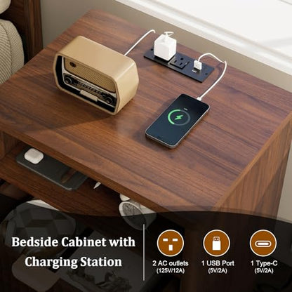 Fluted Nightstand with Charging Station, 19.7 inch Wide End Table with 2 Drawers, Modern Wood Bedside Table for Bedroom,Brown,1 Pcs