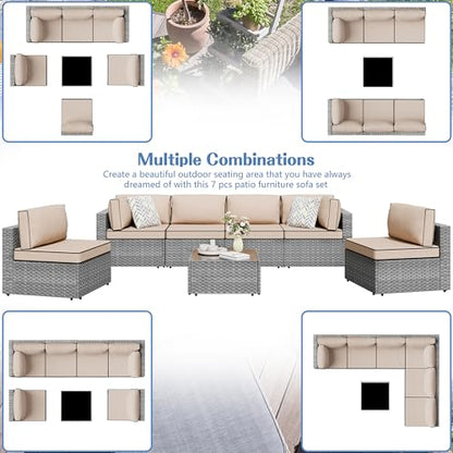 7 Pieces Outdoor Patio Furniture Sets, Patio Sectional Sofa Couch, Gray PE Wicker Furniture Modular Patio Conversation Sets Patio Sofa with Washable Cushions, Gray/Khaki