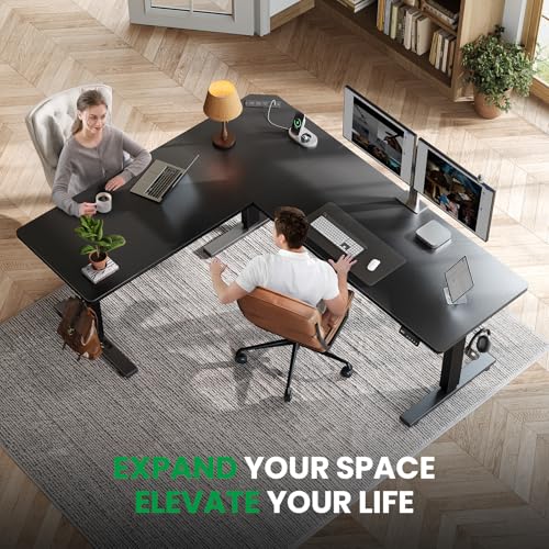 L-Shaped Standing Desk - 63 x 55 Inch Adjustable Corner Standing Desk with Charging Station - L Shape Sit Stand Table with Memory Controller, Splice Board for Home Office
