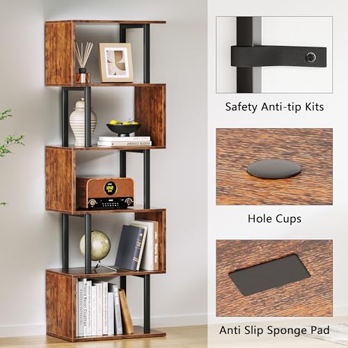 6 Tier Bookshelf, S Shaped Geometric Bookcase, Rustic Brown, view 6
