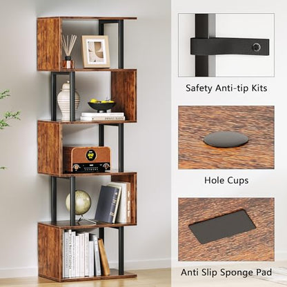 6 Tier Bookshelf, S Shaped Geometric Bookcase, Rustic Brown, view 6