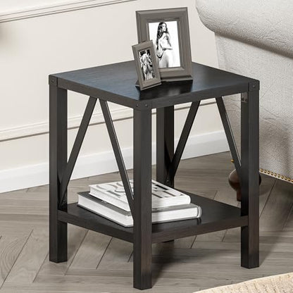 Farmhouse End Table Set of 2, Rustic Vintage Nightstand Side Table with Shelf for Living Room, Black