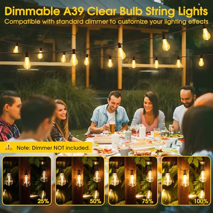 100FT LED Outdoor String Lights, Waterproof Patio Lights with 32 Shatterproof Dimmable 2700K A39 Bulbs Hanging Lighting for Outside Backyard