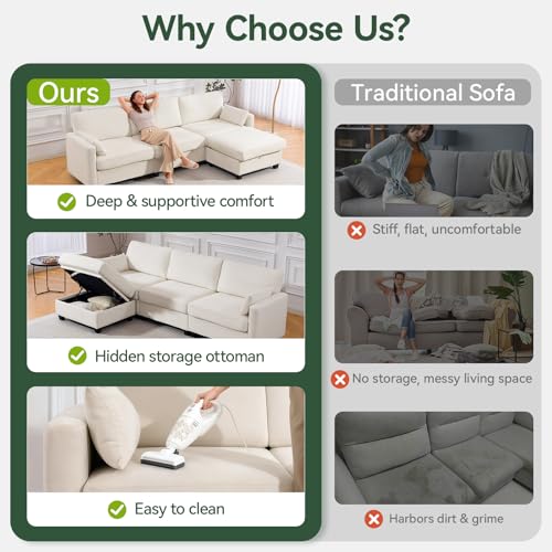 109'' Modular Sectional Sofa, L Shaped Couch with Storage Ottoman, Comfy Cloud Sofa with Deep Seat, 4 Seat Convertible Sectional Couches for Living Room(Beige, High Legs 3.15'')