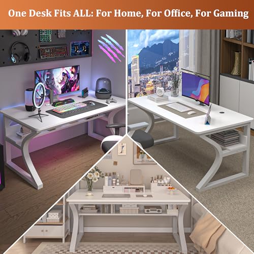Computer Desk, 55x24 in Computer Desk, Office Desk w/Storage & U-Size Metal Frame for Home Office Bedroom Gaming, Office Desk w/Water-Resistant, Scratchproof Surface, White