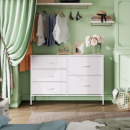 5 Drawer White Fabric Dresser for Bedroom, Wide Storage Chest, view 5