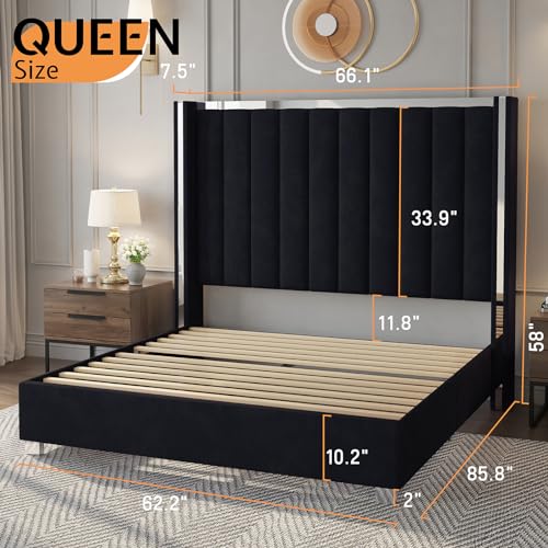 Queen Upholstered Bed Frame with 58" Tall Headboard,Black, view 3