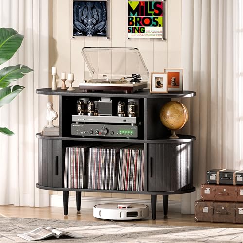Large Record Player Stand with Storage and Shelves (Black), view 4