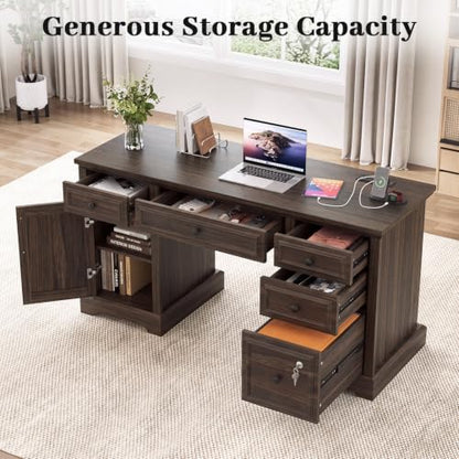 59" Farmhouse Executive Desk with Drawers Lock File Cabinet, view 7