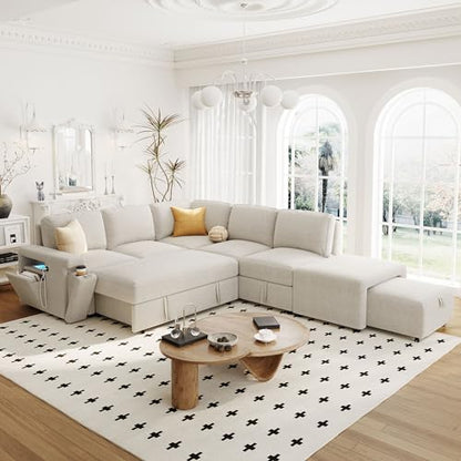 L-Shaped Modular Sofa with Removable Storage Ottoman, USB Ports and Cup Holder, Upholstered Sectional Couch & Armrest, Free Combination Indoor Furniture for Living Room, Apartments, Beige