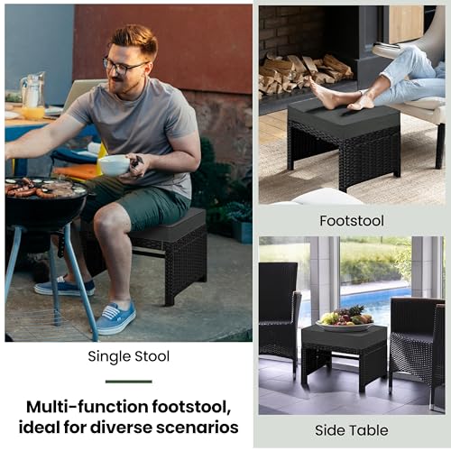 Yaheetech Wicker Ottomans, 2 Footrest with Removable Cushion, Black/Gray | 2pcs PE Rattan Side Table Additional Seating Multipurpose Outdoor Furniture for Patio, Backyard