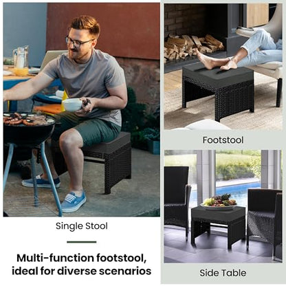 Yaheetech Wicker Ottomans, 2 Footrest with Removable Cushion, Black/Gray | 2pcs PE Rattan Side Table Additional Seating Multipurpose Outdoor Furniture for Patio, Backyard