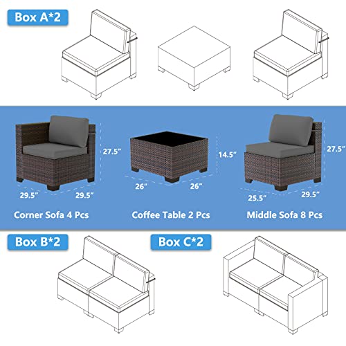 Outdoor Patio Furniture Set, 14 Pieces Outdoor Sectional Furniture Patio Sofa, All-Weather PE Rattan Patio Conversation Set with Tempered Glass Top Table & Cushions(Grey).