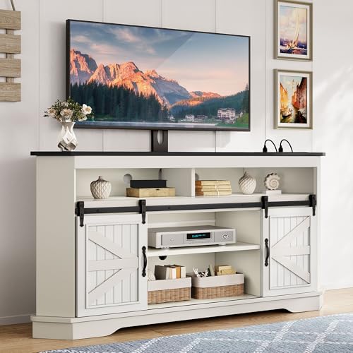 63" Corner Farmhouse TV Stand with Barn Door, Mount, White Black, view 2
