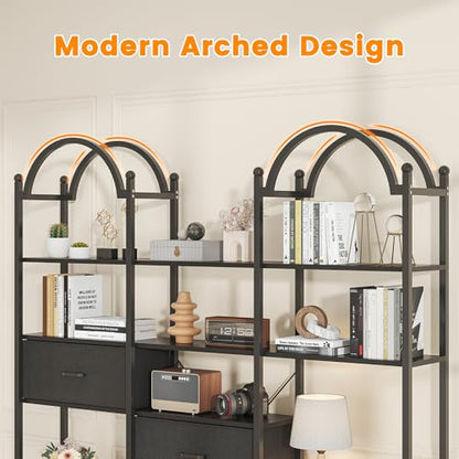 83.5" Tall Arched Bookshelf, Triple Wide 6-Tier Large Open Book Shelf with 3 Drawers Storage, Etagere Bookcase with Display Shelf, Industrial Bookshelf with Metal Frame for Living Room, Black