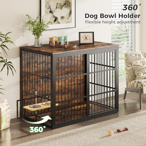 48'' XXL Dog Crate Furniture with Rotating Feeder, Rustic Brown, view 3