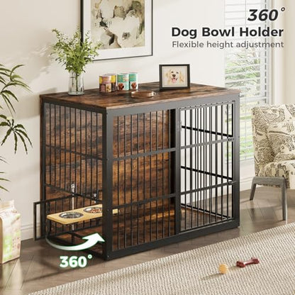 48'' XXL Dog Crate Furniture with Rotating Feeder, Rustic Brown, view 3